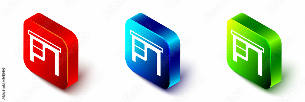 Isometric Office desk icon isolated on white background. Red, blue and green square button. Vector