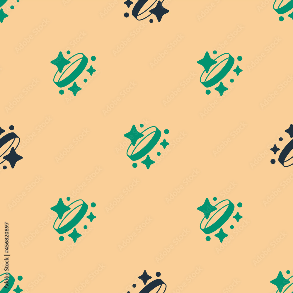 Green and black Diamond engagement ring icon isolated seamless pattern on beige background. Vector