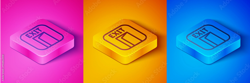 Isometric line Fire exit icon isolated on pink and orange, blue background. Fire emergency icon. Squ