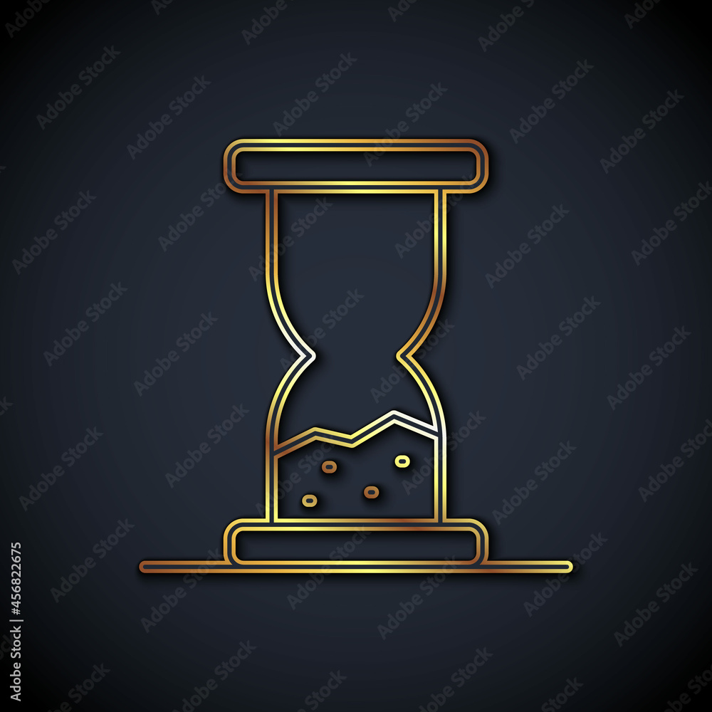 Gold line Old hourglass with flowing sand icon isolated on black background. Sand clock sign. Busine