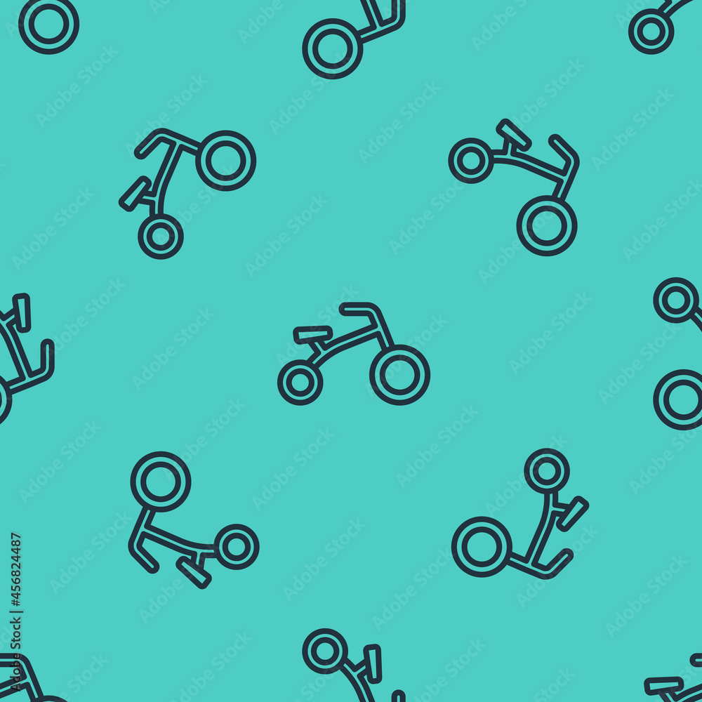 Black line Bicycle for kids icon isolated seamless pattern on green background. Vector