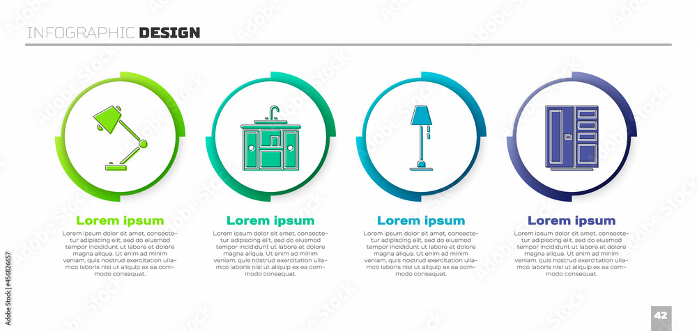 设置台灯、带水龙头的洗手盆柜、落地灯和衣柜。商业信息图模板。