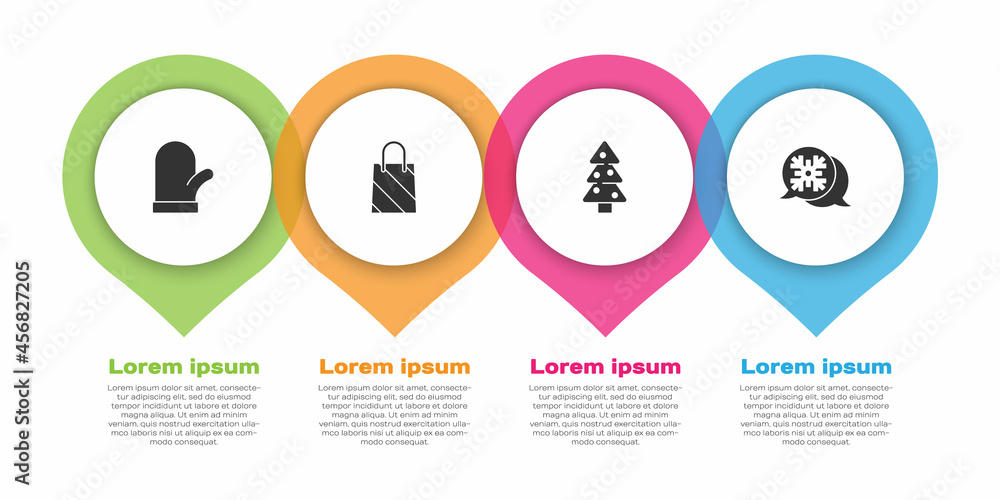 设置圣诞手套、购物袋、圣诞树和雪花演讲气泡。商业信息图模板。