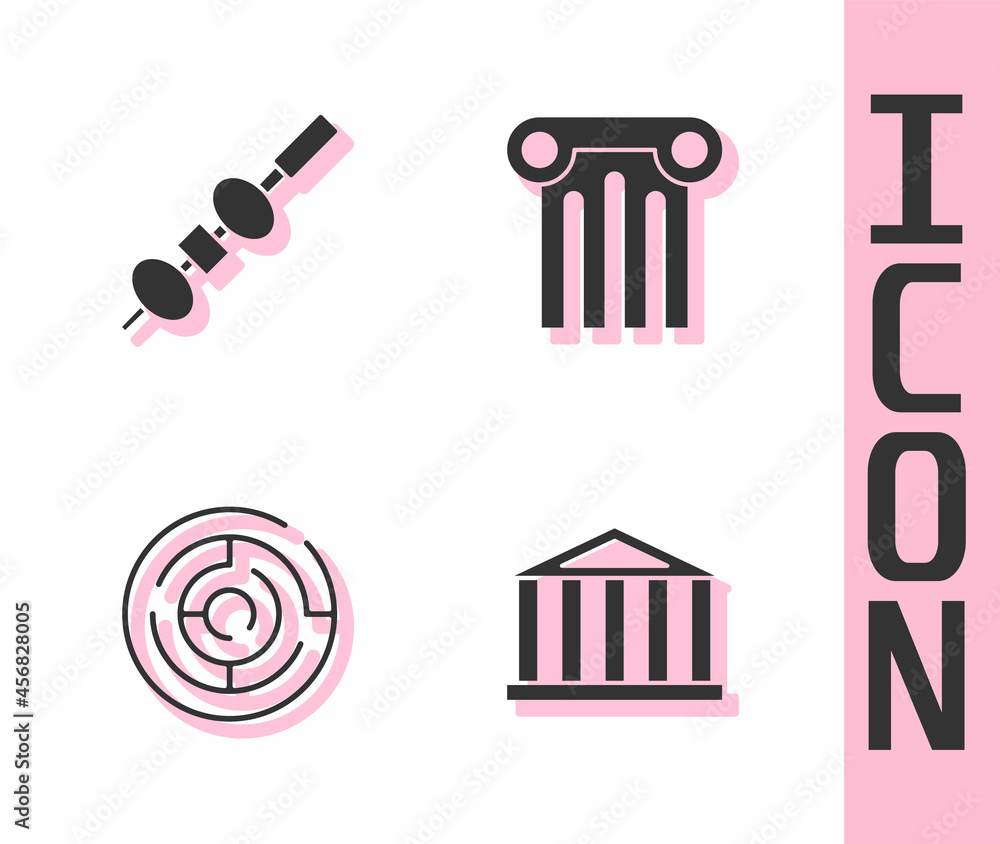 Set Parthenon, Olive and cheese chopstick, Minotaur labyrinth and Ancient column icon. Vector