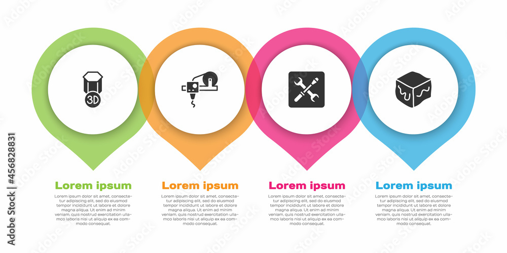 设置3D打印机、设置和等轴测立方体。业务信息图模板。矢量