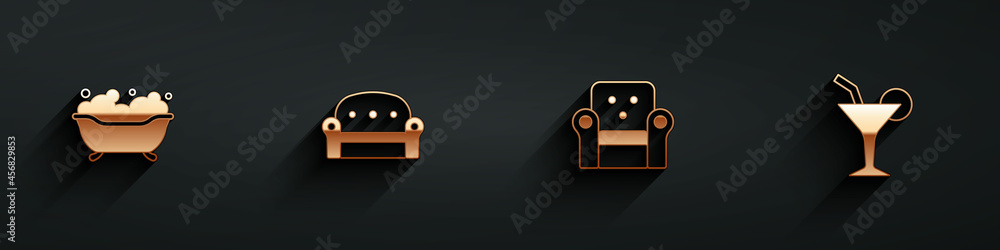 Set Bathtub, Sofa, Armchair and Cocktail icon with long shadow. Vector