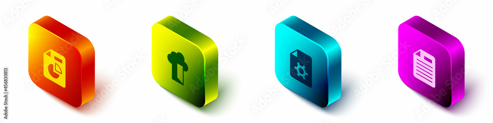 Set Isometric Document with graph chart, Cloud database, settings and File document icon. Vector