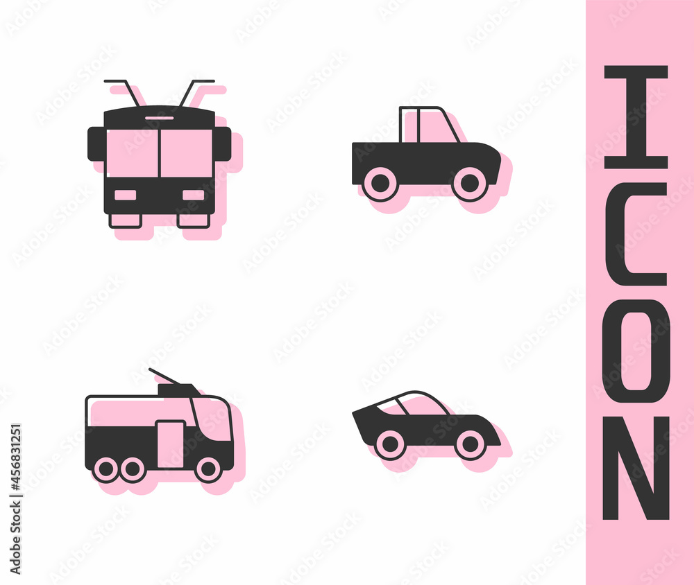 Set Car, Trolleybus, and Pickup truck icon. Vector