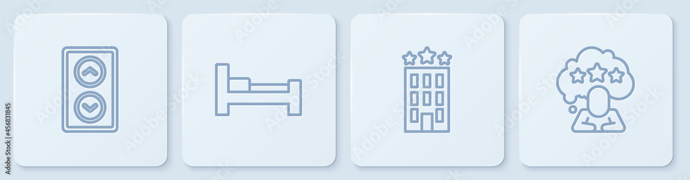 设线电梯、酒店大楼、客房床和五星评级审查。白色方形按钮。矢量
