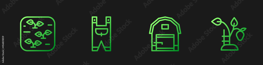 Set line Farm house, Plant, Garden worker clothes and Strawberry bush. Gradient color icons. Vector