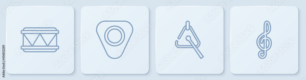 设置线鼓、三角形、吉他拨片和高音谱号。白色方形按钮。矢量
