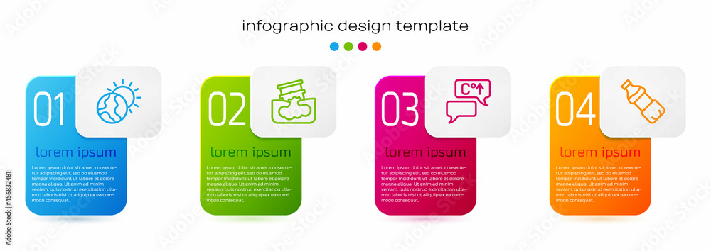 设定线全球变暖、桶漏油和瓶装水。商业信息图模板。矢量