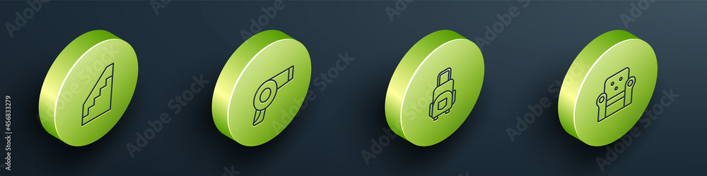 Set Isometric line Stairs, Hair dryer, Suitcase and Armchair icon. Vector