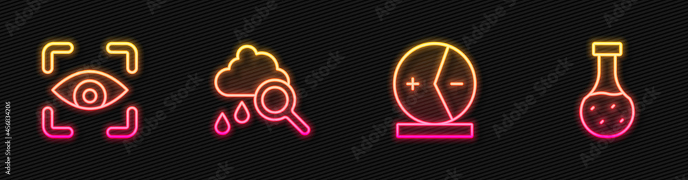 Set line Atom，Eye scan，Cloud with rain and Test tube.Glowing neon icon.Vector（设置线原子，眼睛扫描，有雨的云和试管。发光的