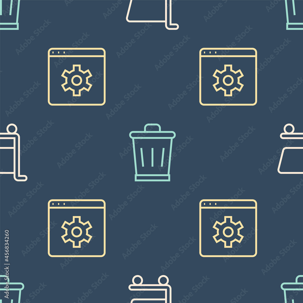 Set line Shopping cart, Browser setting and Trash can on seamless pattern. Vector