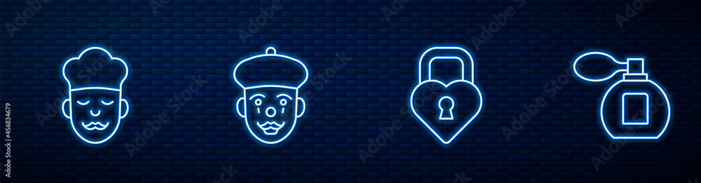 Set line Castle in the shape of heart, Cook, French mime and Perfume. Glowing neon icon on brick wal