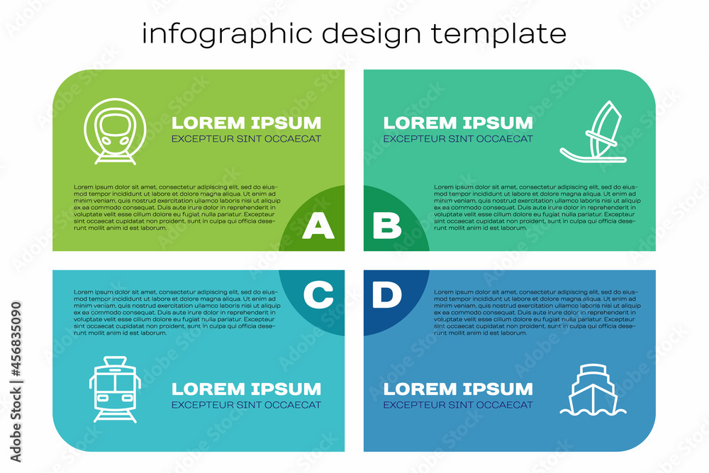 设置线路有轨电车和铁路、火车、游轮和风帆冲浪。商业信息图模板。矢量