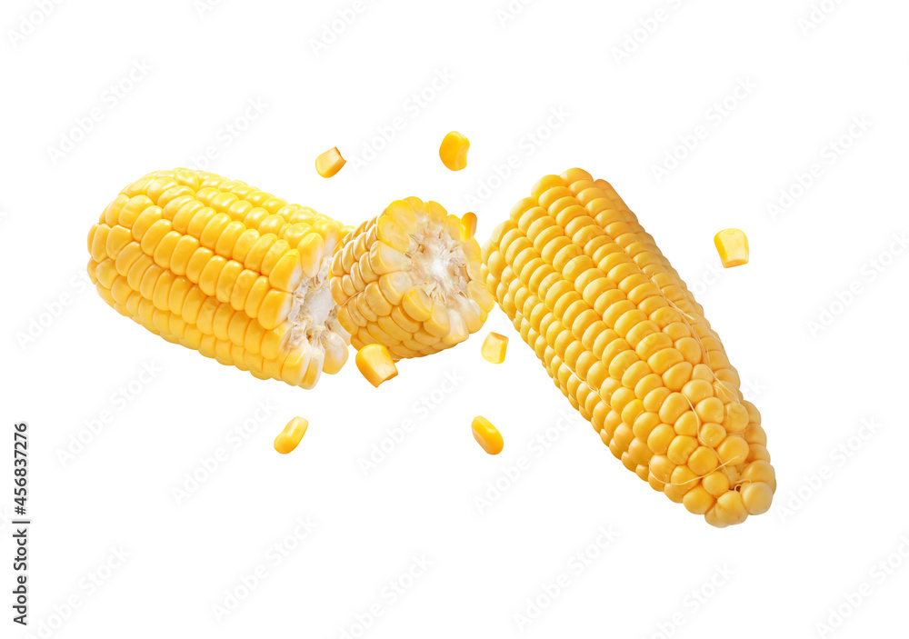 Flying cut corn cob on white background