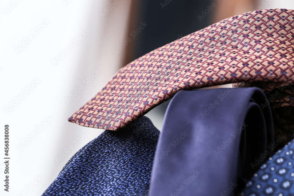 Different stylish neck ties, closeup