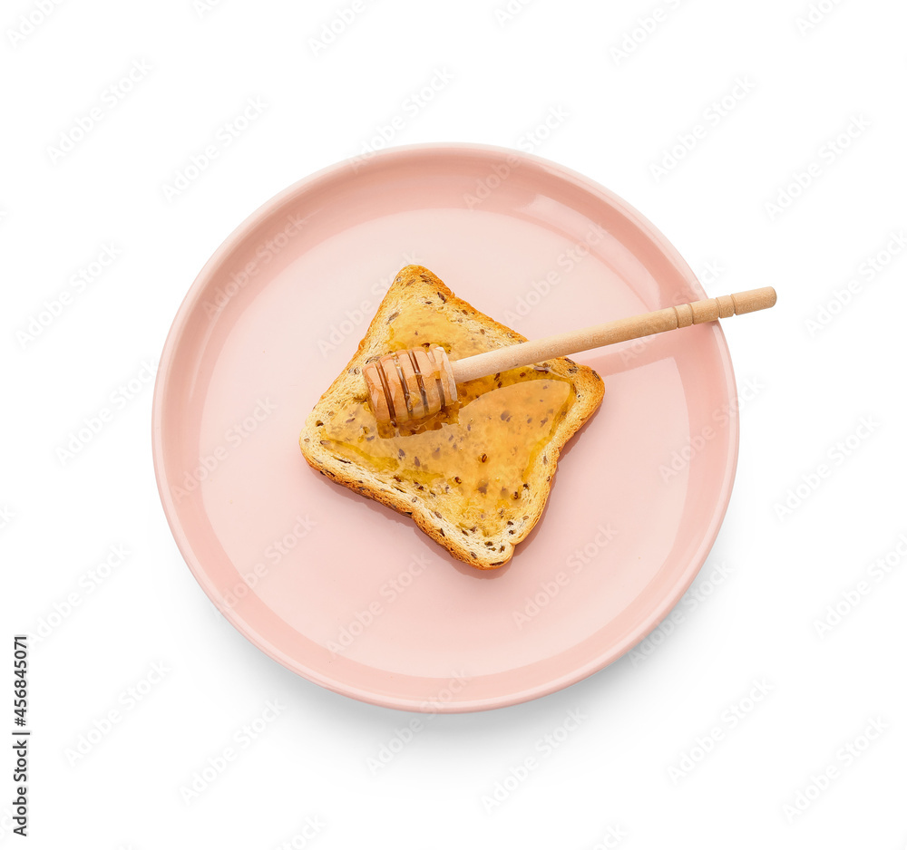 Plate with tasty toasted bread with honey on white background