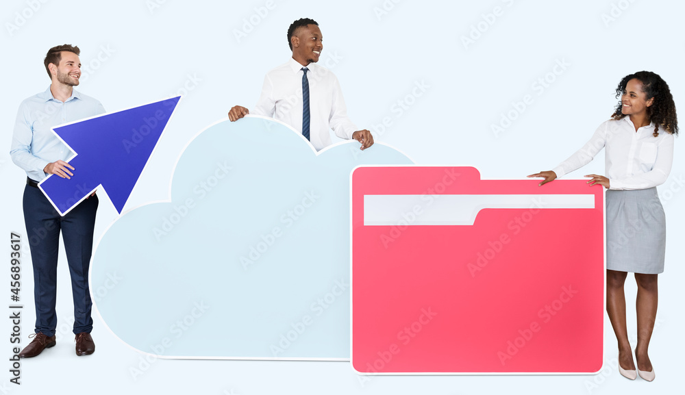 Businesspeople with cloud storage icons