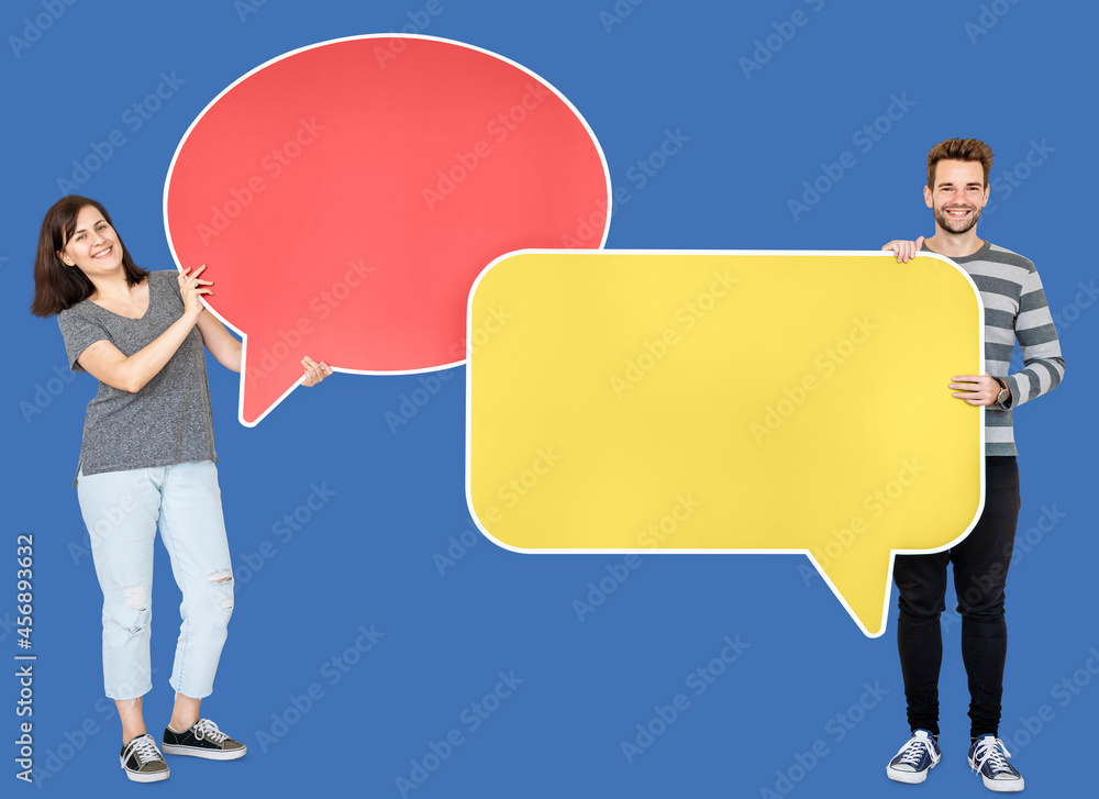 People holding speech bubble icons