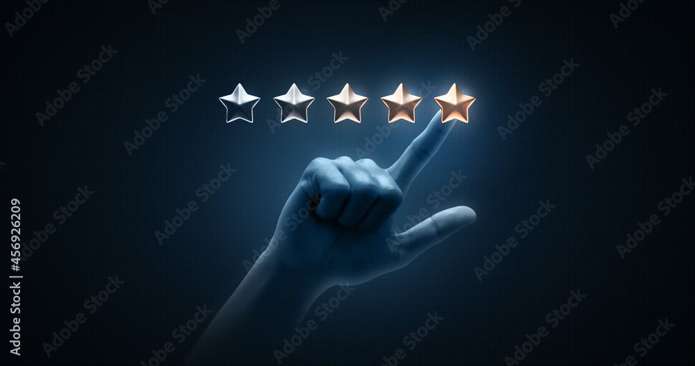 Hand pointing review rating gold star sign or best excellent satisfaction five rate quality ranking 