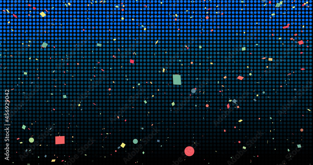 Image of confetti falling over gradient dots on blue background