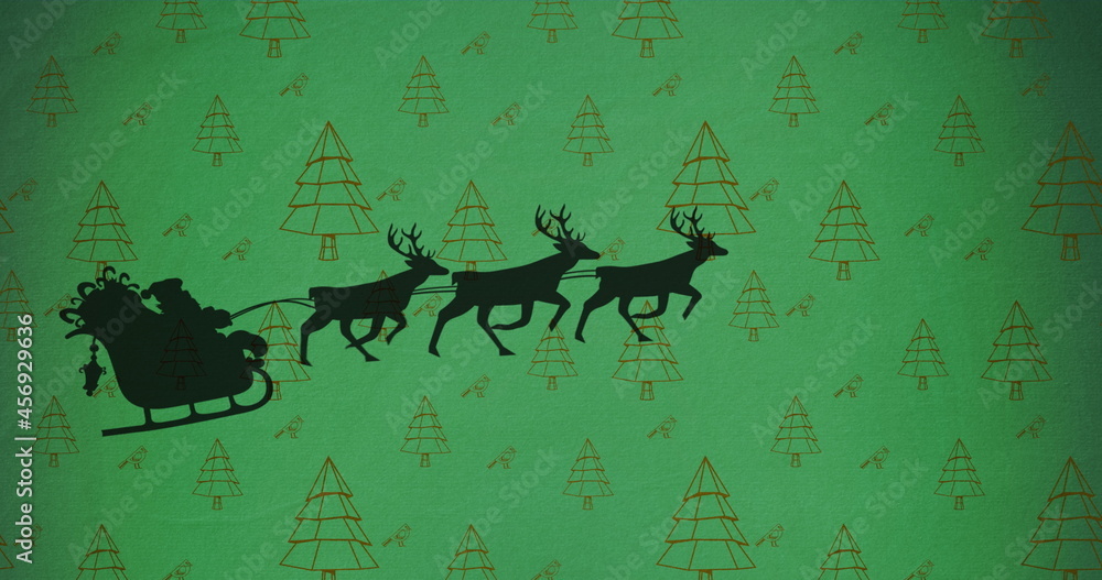 Digital image of black silhouette of santa claus in sleigh being pulled by reindeers against mul