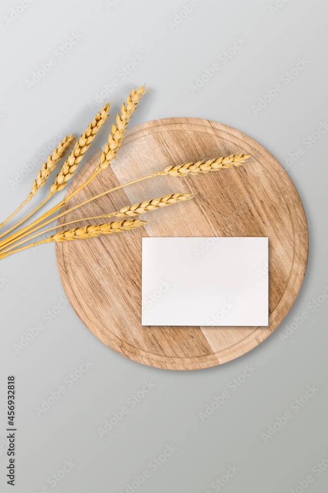 Blank paper business card with mockup copy space and plants on wooden tray