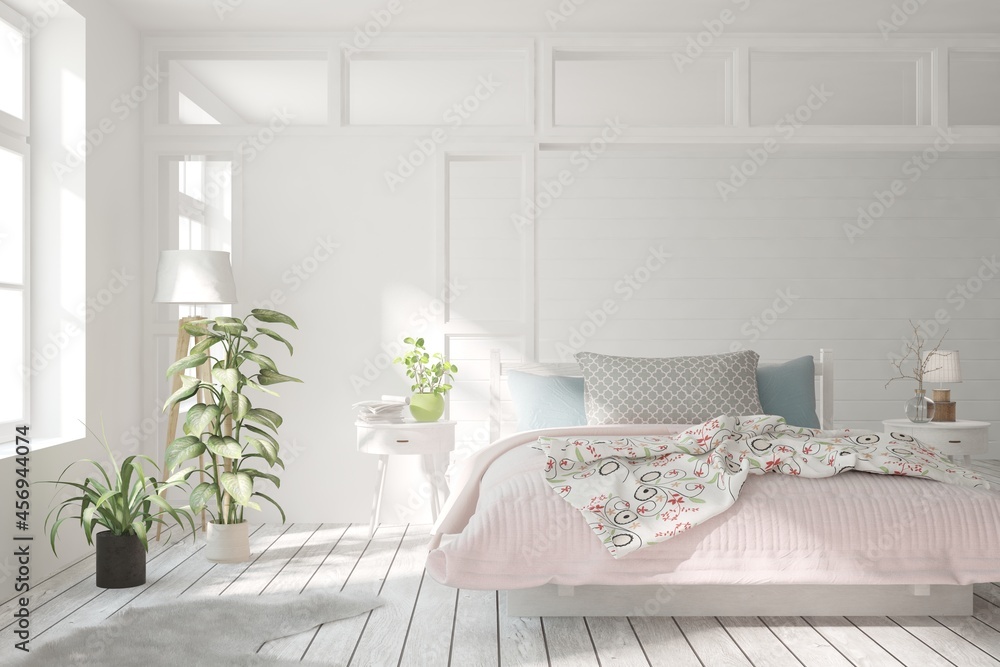 Soft color bedroom interior. Scandinavian design. 3D illustration