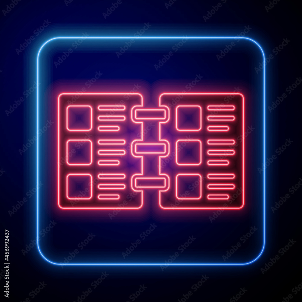 Glowing neon Restaurant cafe menu icon isolated on blue background. Vector