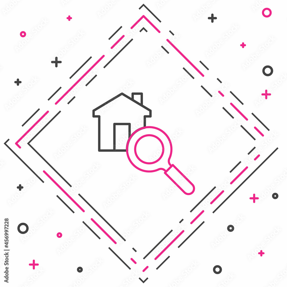 Line Search house icon isolated on white background. Real estate symbol of a house under magnifying 