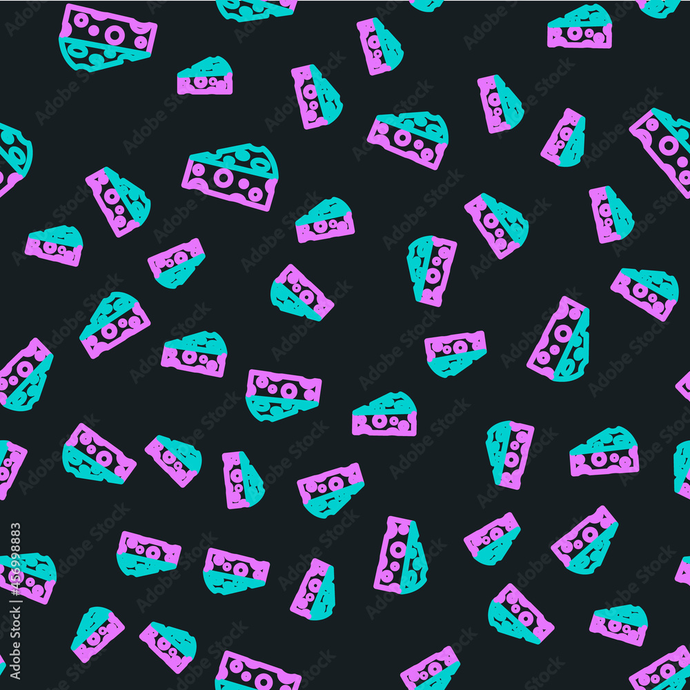 Line Cheese icon isolated seamless pattern on black background. Vector