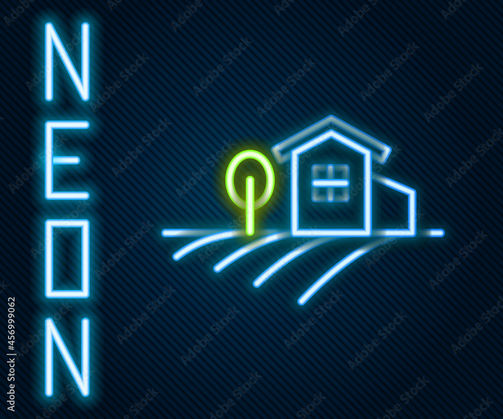 Glowing neon line Village landscape icon isolated on black background. Colorful outline concept. Vec