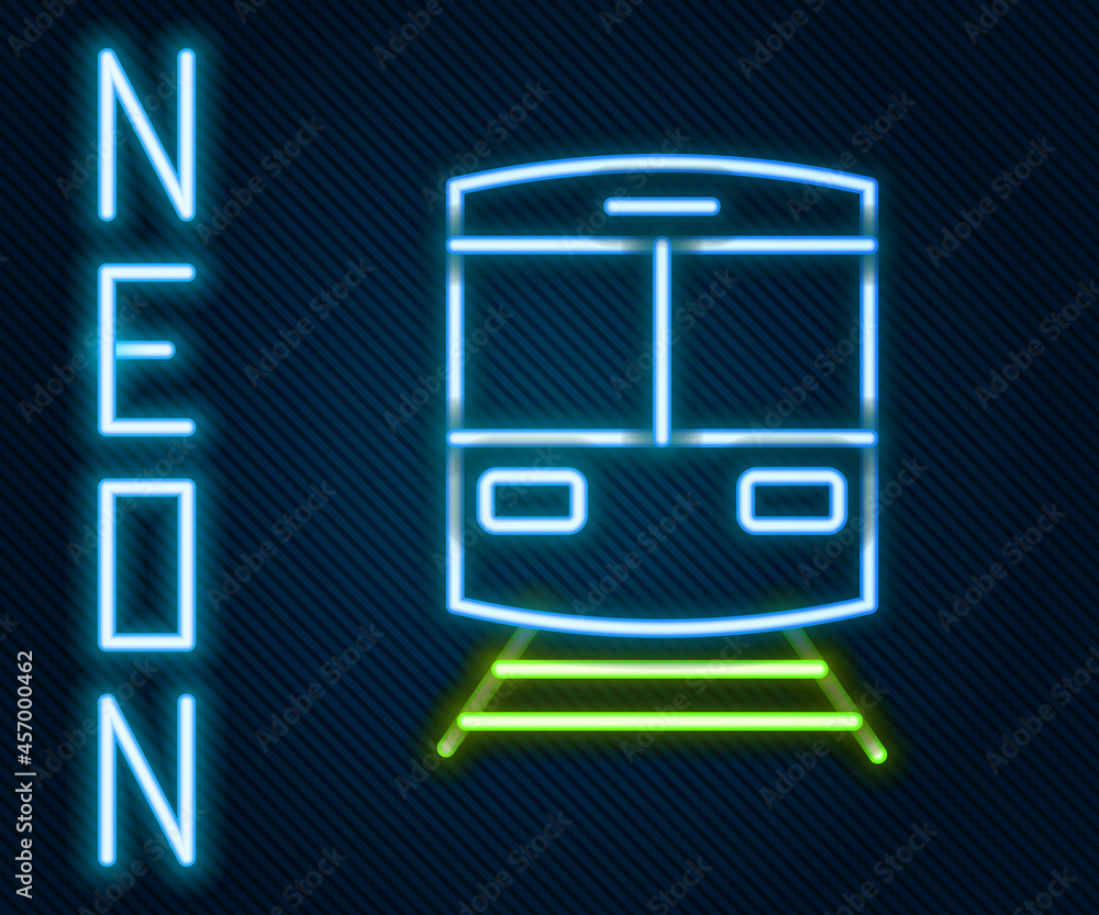 Glowing neon line Train and railway icon isolated on black background. Public transportation symbol.