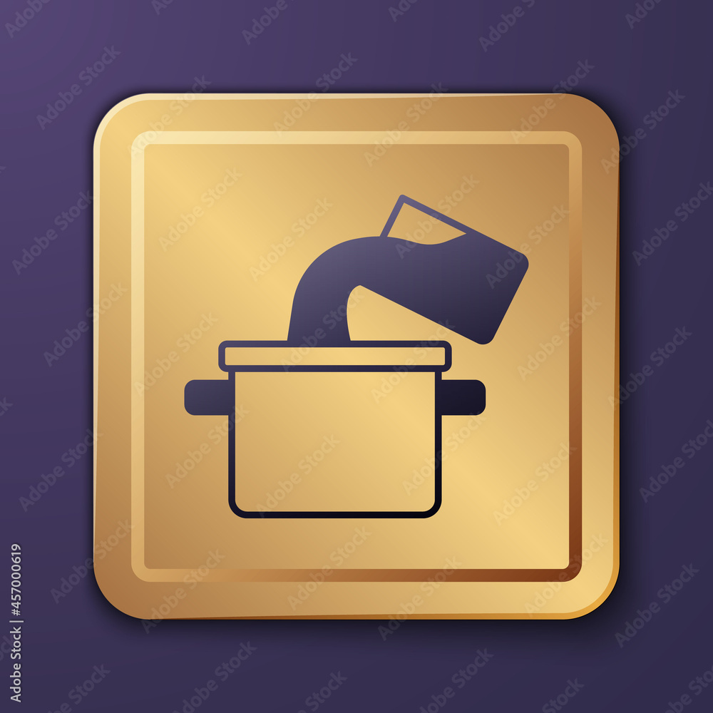 Purple Cooking pot icon isolated on purple background. Boil or stew food symbol. Gold square button.