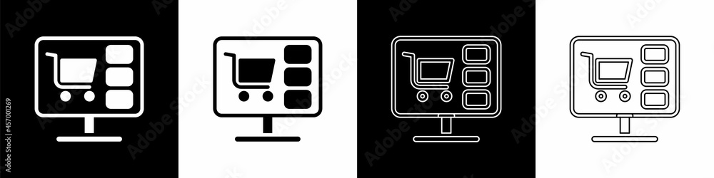 Set Shopping cart on screen computer icon isolated on black and white background. Concept e-commerce