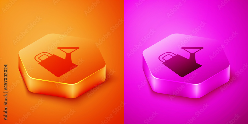 Isometric Watering can icon isolated on orange and pink background. Irrigation symbol. Hexagon butto