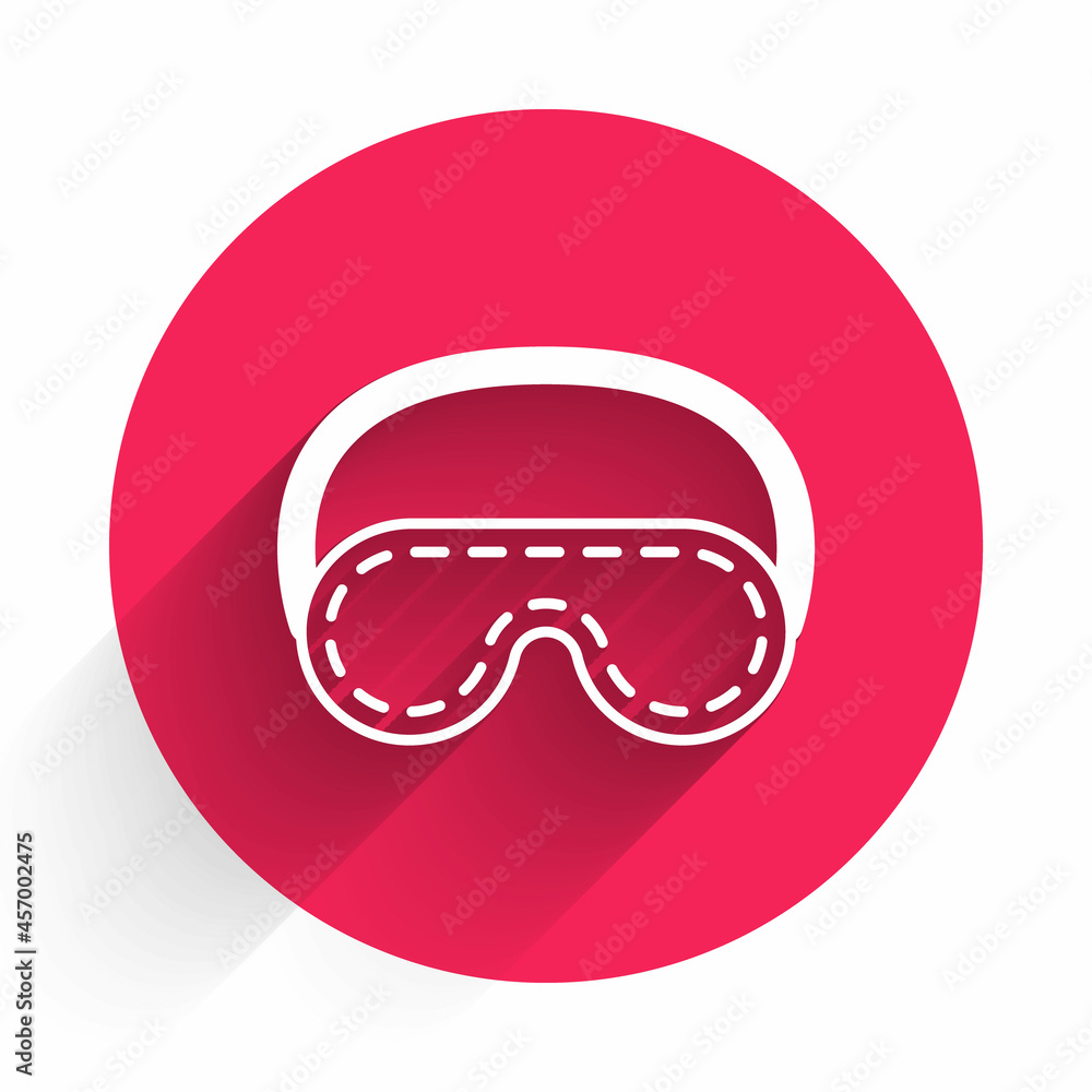 White Eye sleep mask icon isolated with long shadow. Red circle button. Vector