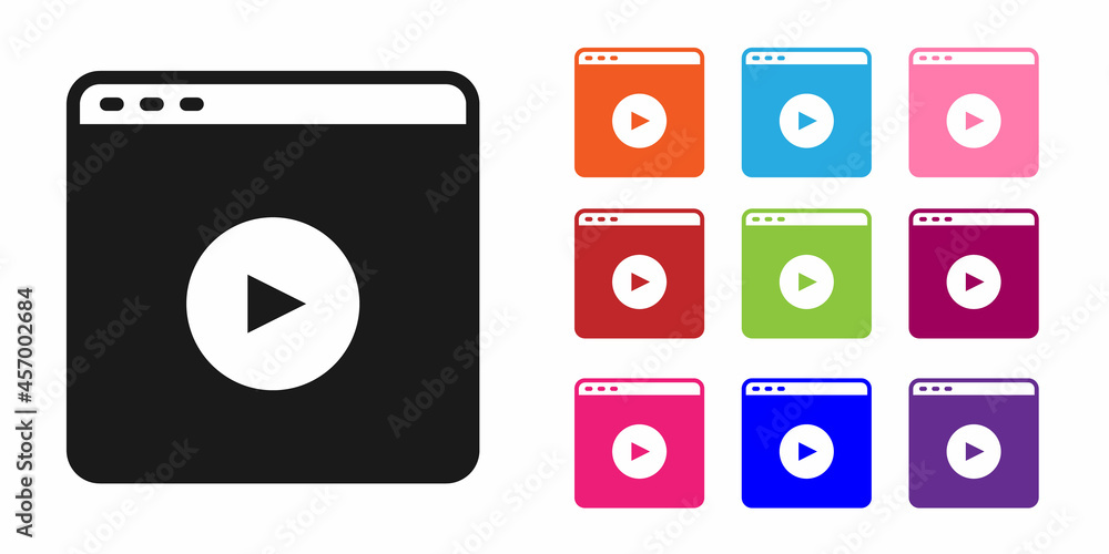 Black Online play video icon isolated on white background. Film strip with play sign. Set icons colo