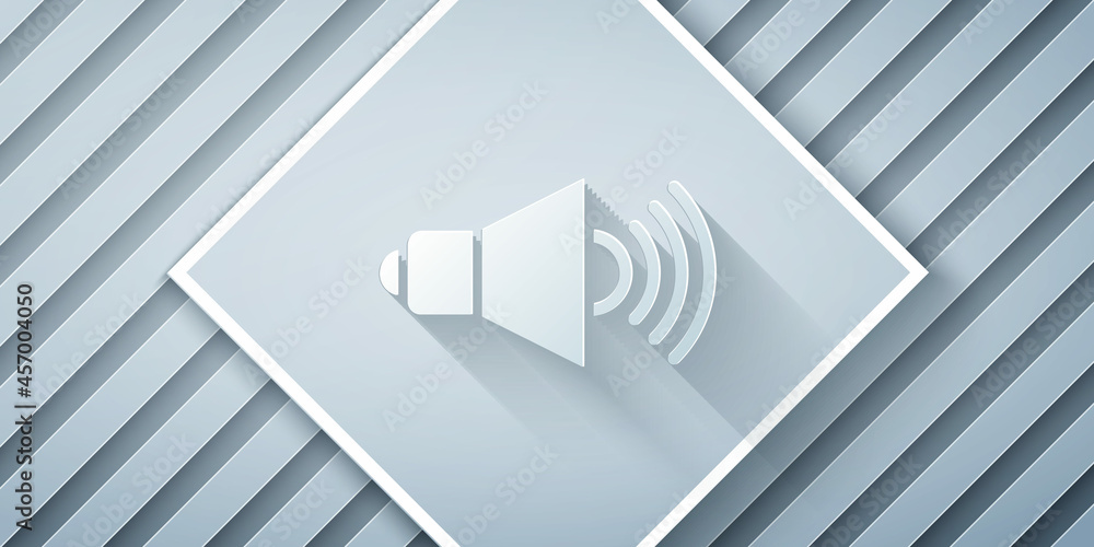 Paper cut Speaker volume, audio voice sound symbol, media music icon isolated on grey background. Pa