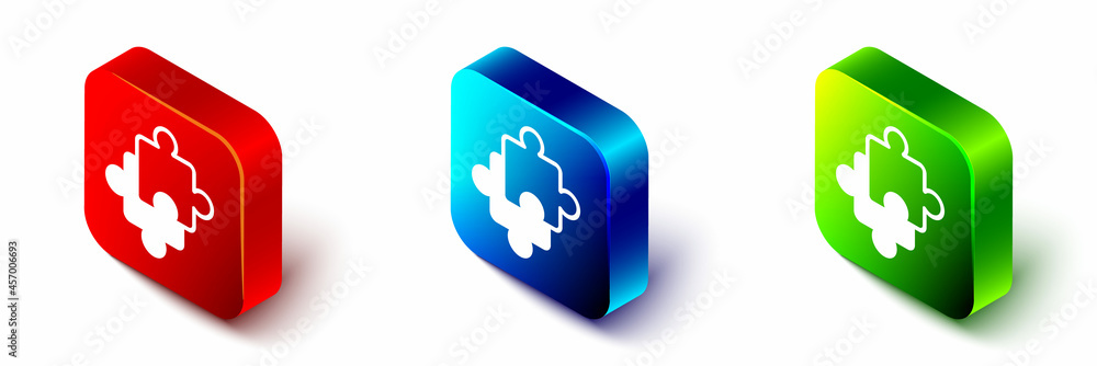 Isometric Puzzle pieces toy icon isolated on white background. Red, blue and green square button. Ve