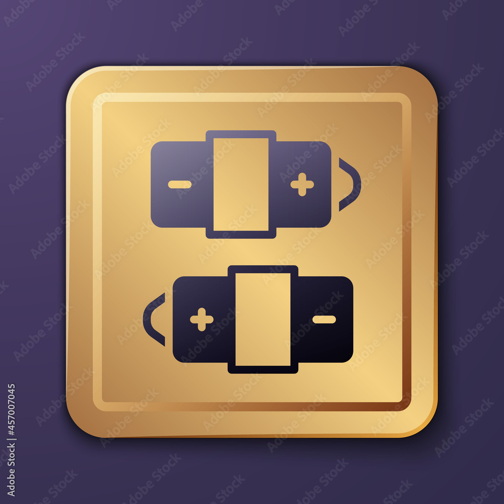 Purple Battery icon isolated on purple background. Lightning bolt symbol. Gold square button. Vector