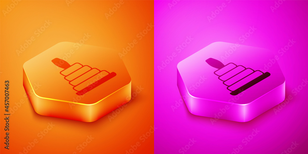 Isometric Pyramid toy icon isolated on orange and pink background. Hexagon button. Vector