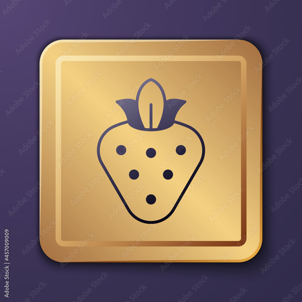 Purple Strawberry icon isolated on purple background. Gold square button. Vector