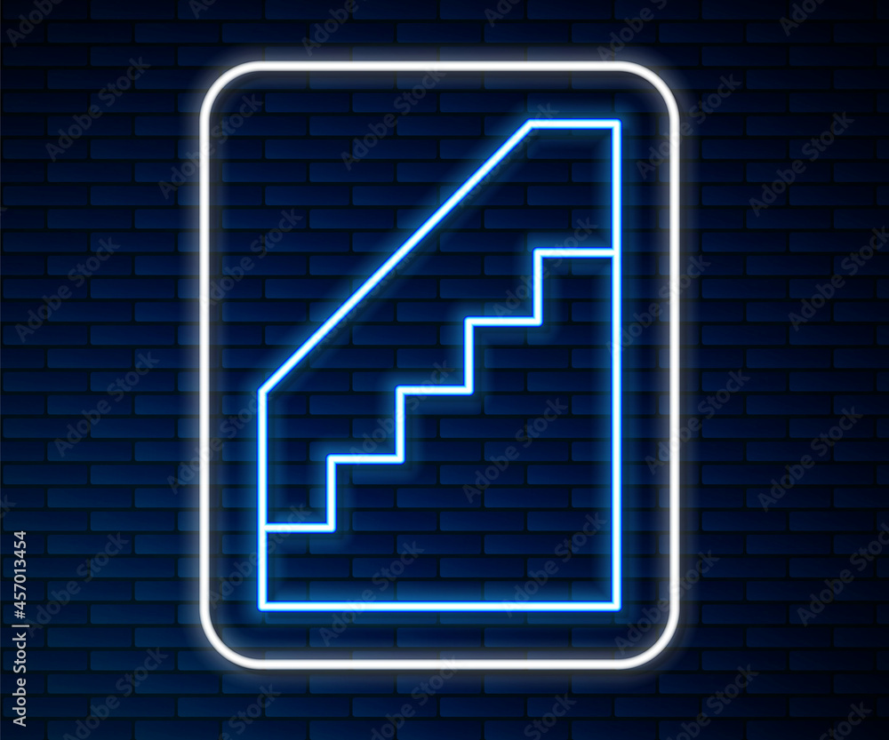 Glowing neon line Stairs up icon isolated on brick wall background. Vector