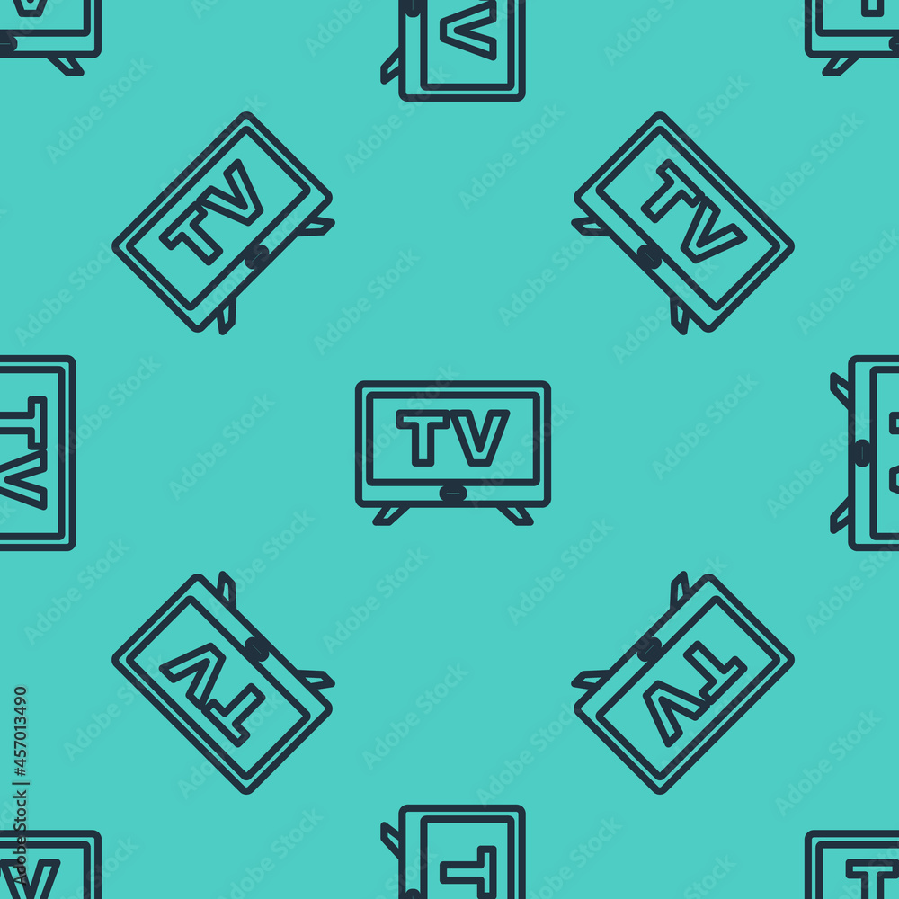 Black line Smart Tv icon isolated seamless pattern on green background. Television sign. Vector