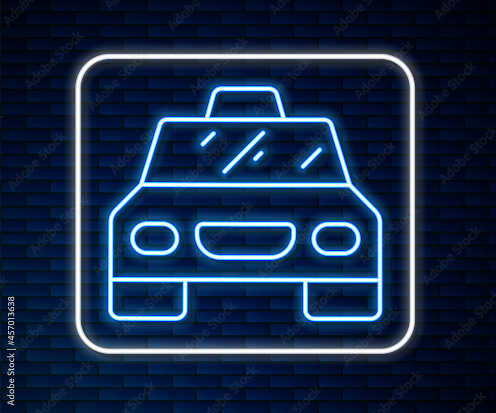 Glowing neon line Taxi car icon isolated on brick wall background. Vector