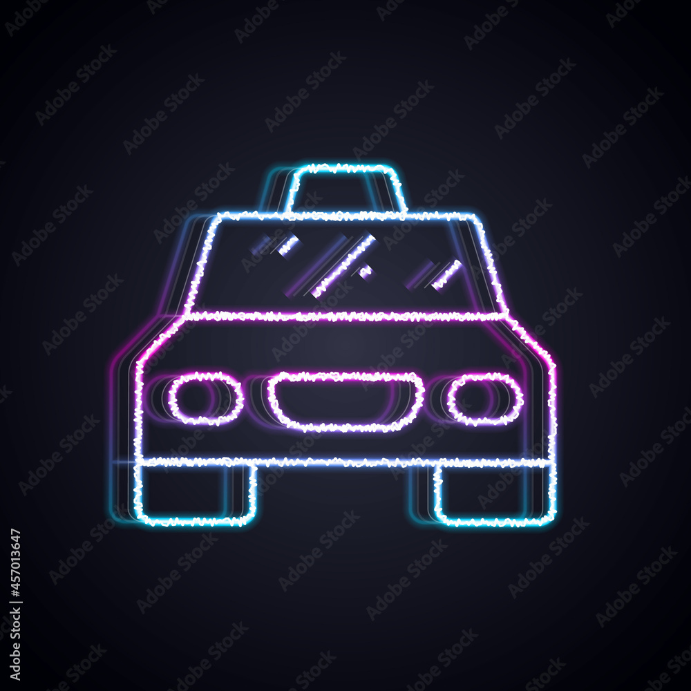 Glowing neon line Taxi car icon isolated on black background. Vector